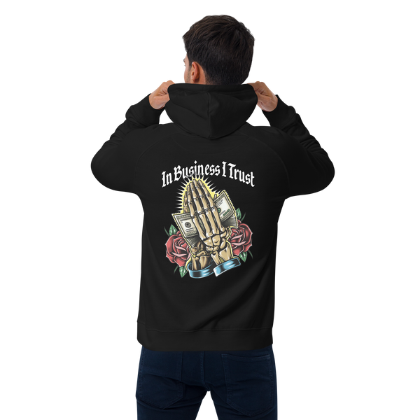 BBM In Business I Trust Skeleton Praying Hands Hoodie Black White Letters - Motivational Apparel